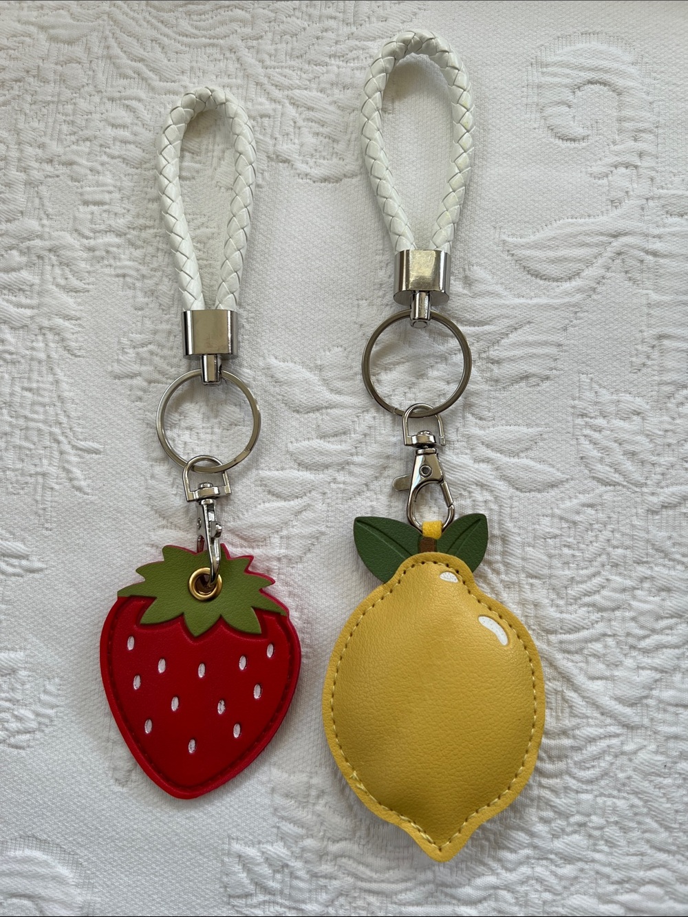 Fruit Keychain Set – Red Strawberry and Yellow Lemon with White Strap